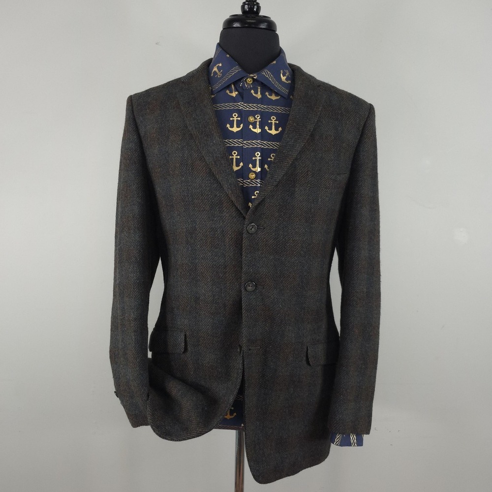 Vintage Tweed Blazer Mens 42 Brown Plaid Wool 3 Button Sport Coat Jacket 60s Mod